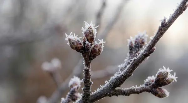 Dormant fruit tree buds covered in frost crystals during winter