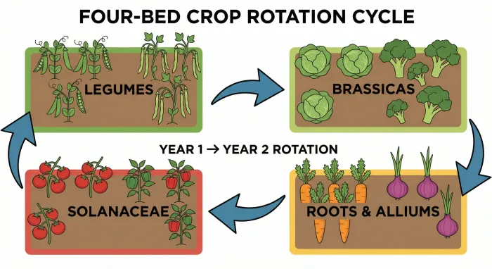 Four-bed crop rotation cycle showing legumes, brassicas, solanaceae, and roots and alliums with arrows indicating the yearly rotation direction