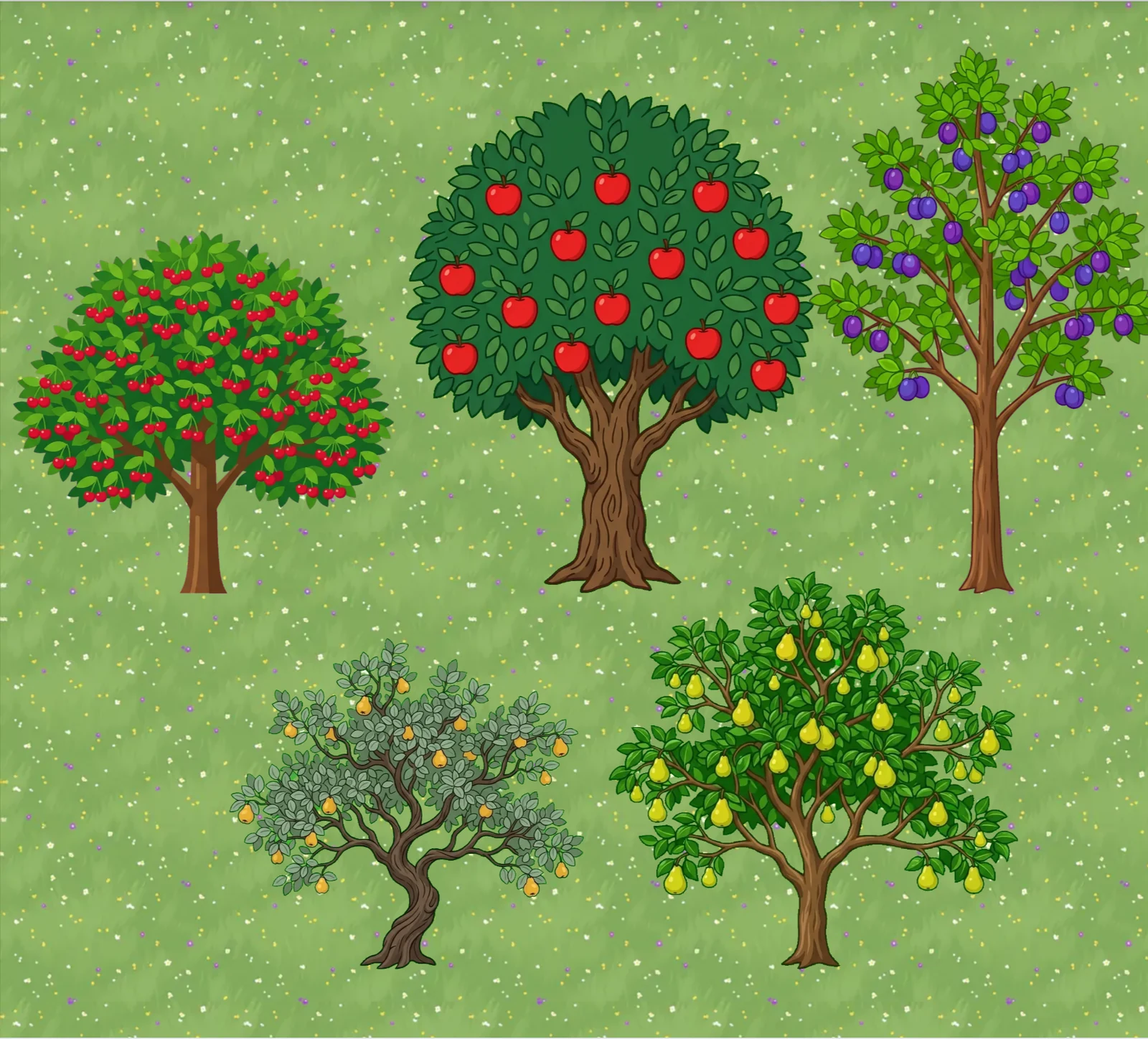 Leaftide plot designer showing a small orchard on a meadow: a cherry, an apple, a plum, a quince and a pear tree, each in fruit.