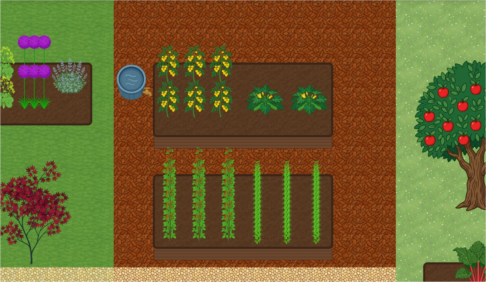 Leaftide plot designer showing raised vegetable beds of tomatoes, courgettes, beans and peas, with a water butt and an apple tree beside the path.
