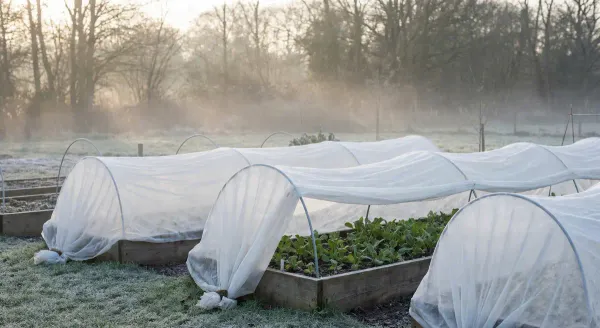 Horticultural fleece row covers protecting young vegetable plants from frost in early morning