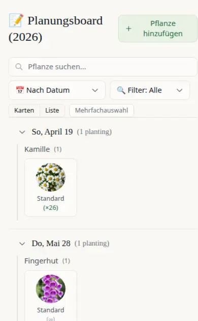 Planning Board showing plants grouped by predicted start date