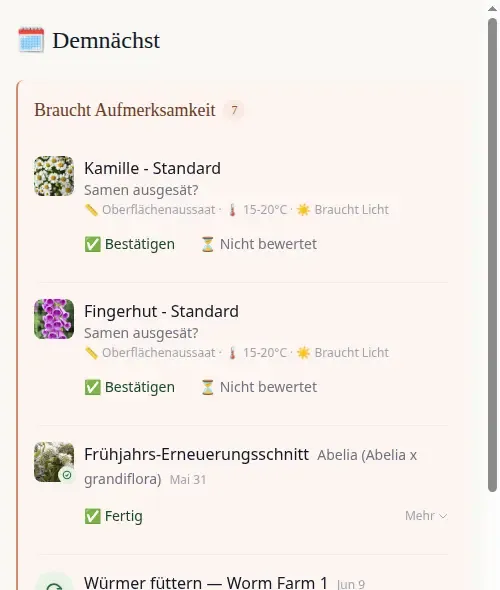 Coming Up dashboard showing prediction cards and care tasks together
