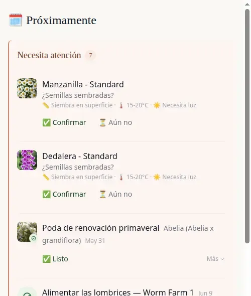 Coming Up dashboard showing prediction cards and care tasks together