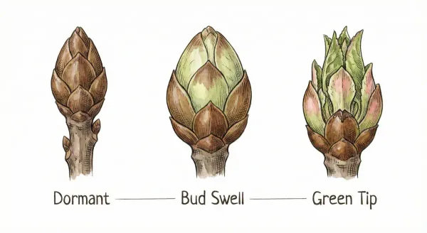 Apple tree branch showing different bud stages from dormant to green tip