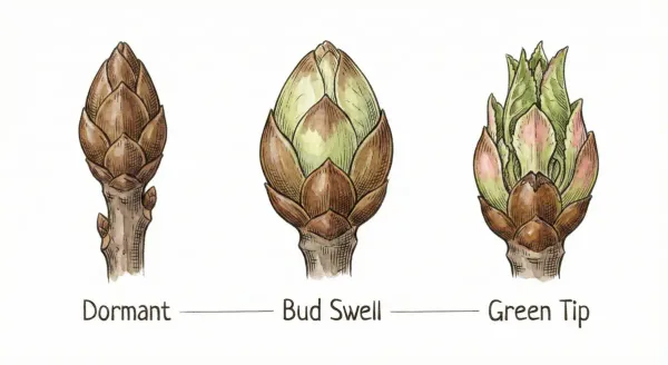 Apple tree branch showing different bud stages from dormant to green tip