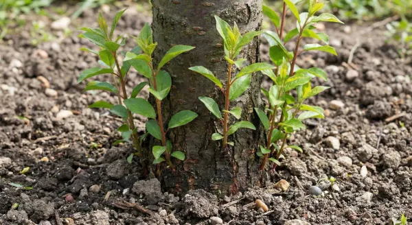 Sucker shoots growing from the base of a plum tree rootstock
