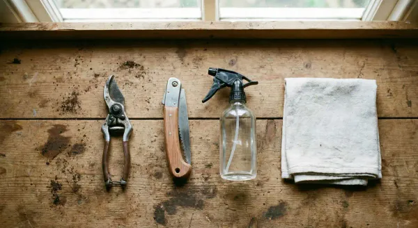 Overhead view of pruning tools being sterilised with solution