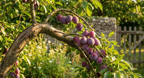 A Victoria plum tree branch heavy with ripe purple fruit