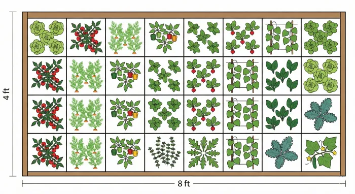 Bird's eye view of a 4 by 8 foot raised bed divided into a square foot grid with different vegetables in each square