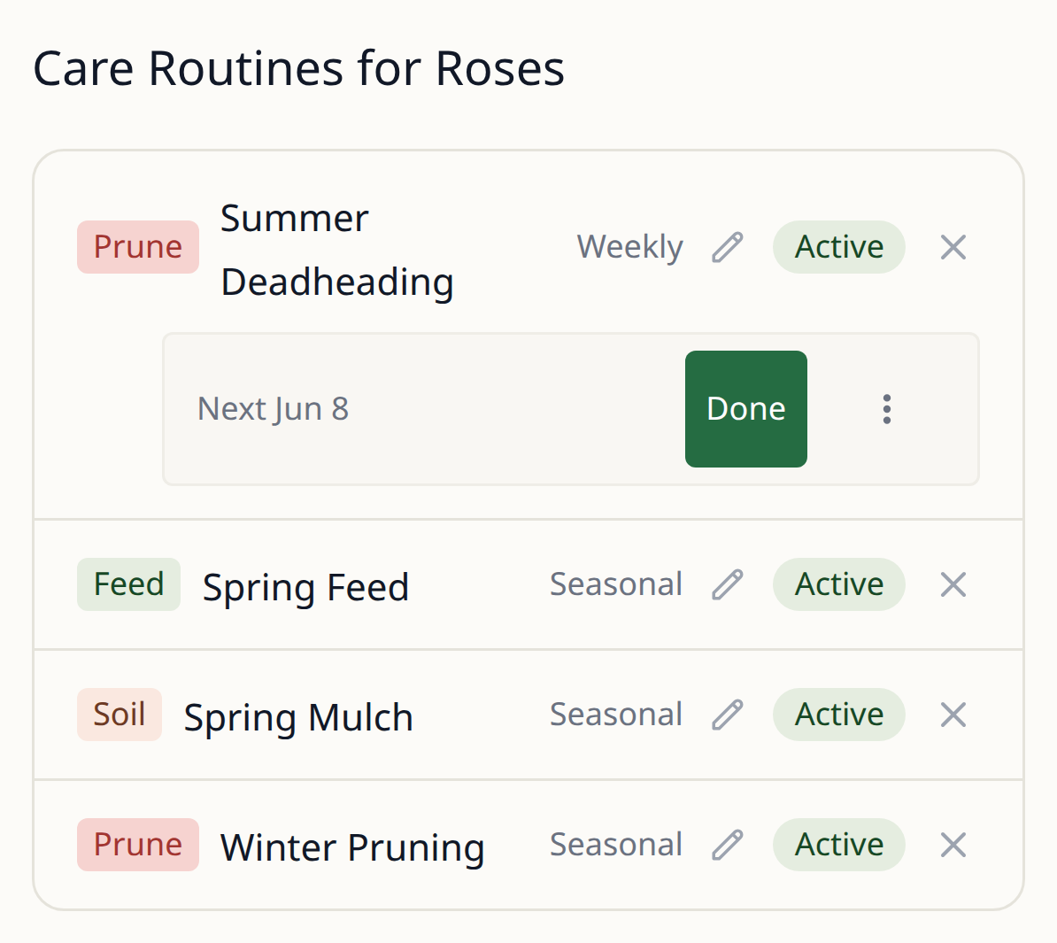 Leaftide care routines for roses: weekly summer deadheading due next on 8 June, a spring feed, spring mulch and winter pruning.