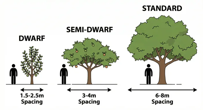 Comparison of dwarf, semi-dwarf, and standard fruit tree sizes with human figure for scale, showing spacing distances of 1.5-2.5m, 3-4m, and 6-8m respectively