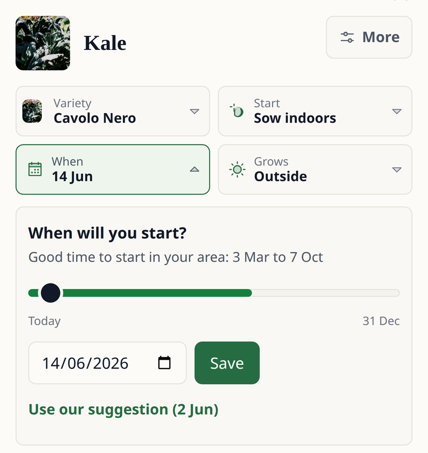 Leaftide planificando una col kale Cavolo Nero para sembrar en interior: buen momento para empezar en tu zona del 3 de marzo al 7 de octubre, con el 2 de junio como sugerencia.