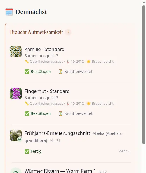 Coming Up dashboard showing prediction cards and care tasks together