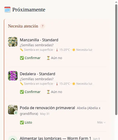 Coming Up dashboard showing prediction cards and care tasks together