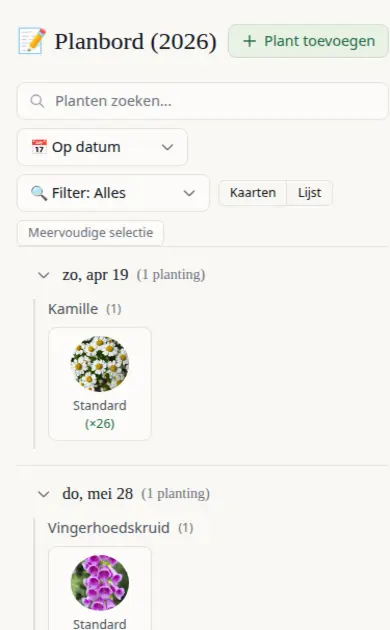 Planning Board showing plants grouped by predicted start date