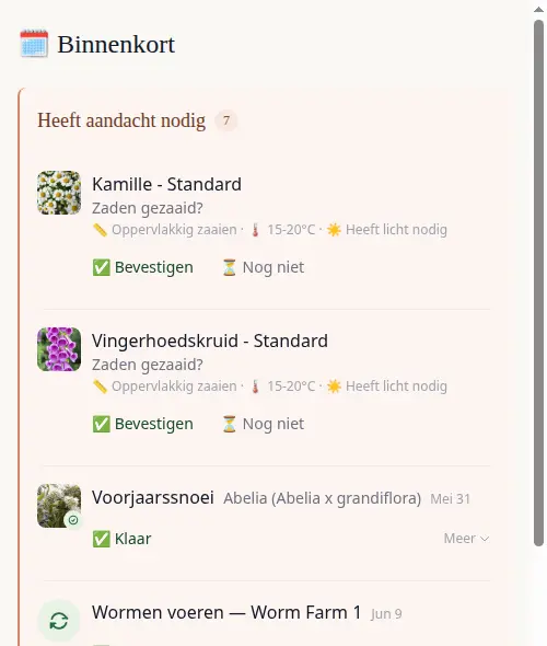 Coming Up dashboard showing prediction cards and care tasks together